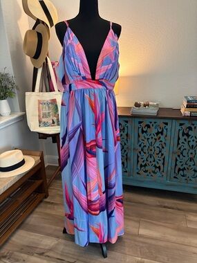 Women's Blue Multi-Color V-Neck Maxi Dress